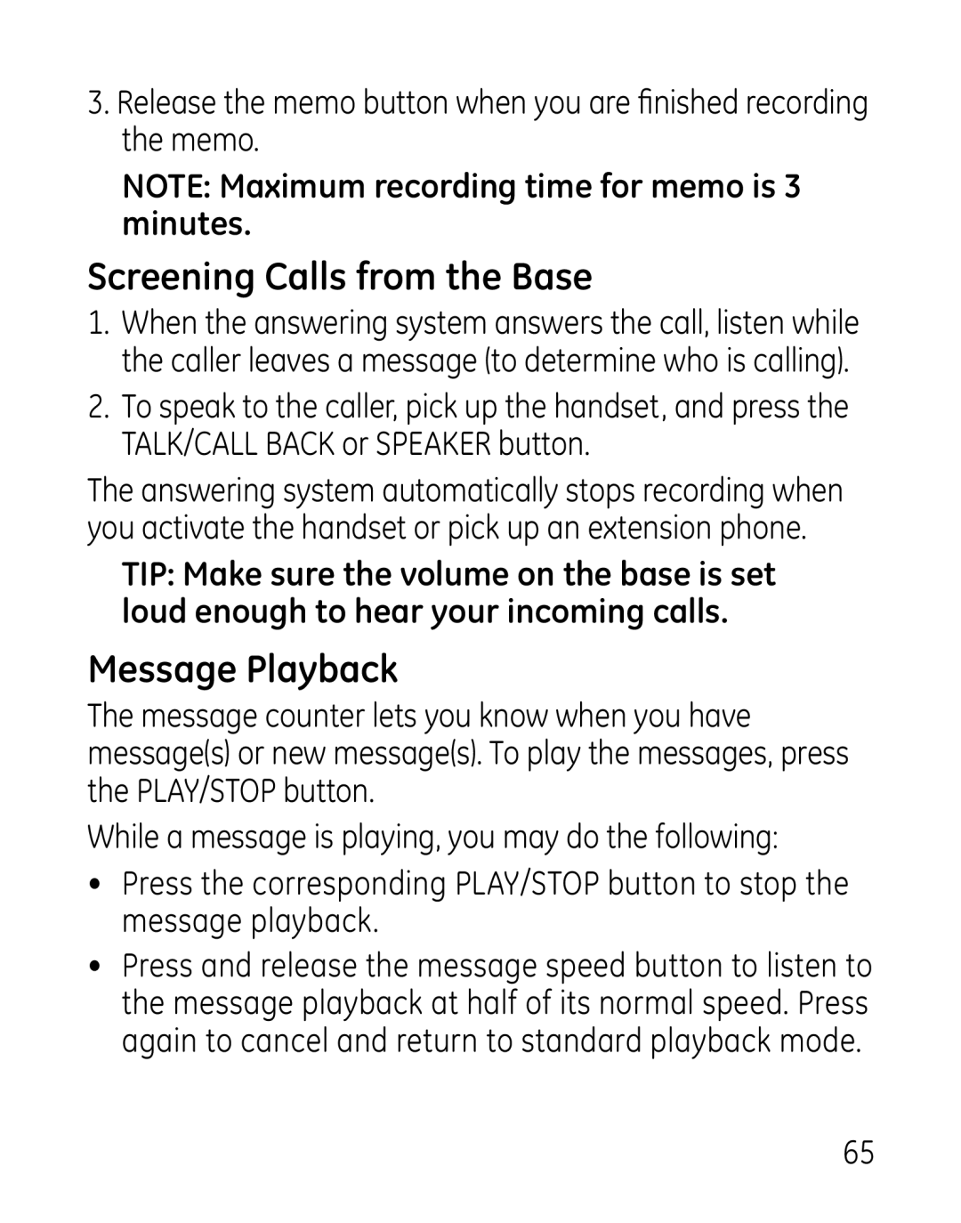 GE 00019188, 27918, 7907 manual Screening Calls from the Base, Message Playback 