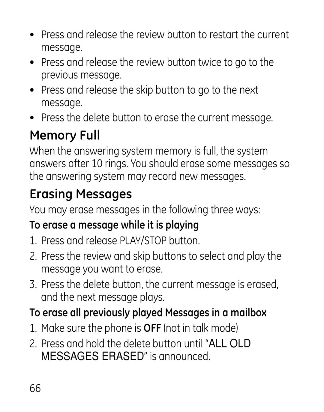 GE 27918, 7907, 00019188 manual Memory Full, Erasing Messages, You may erase messages in the following three ways 