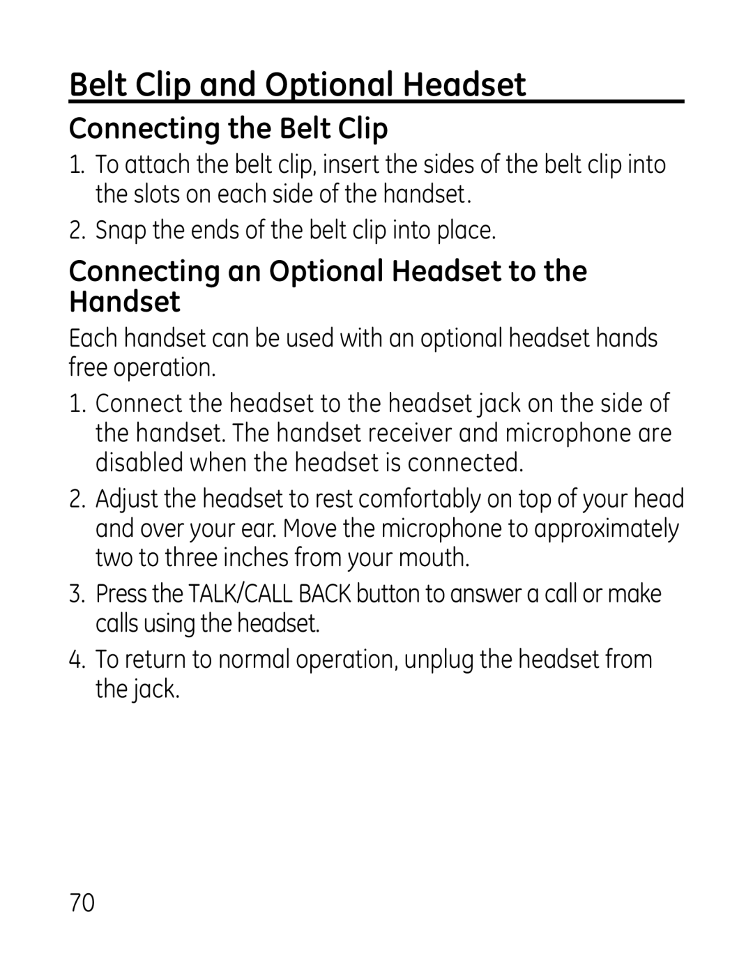 GE 7907, 27918 Belt Clip and Optional Headset, Connecting the Belt Clip, Connecting an Optional Headset to the Handset 