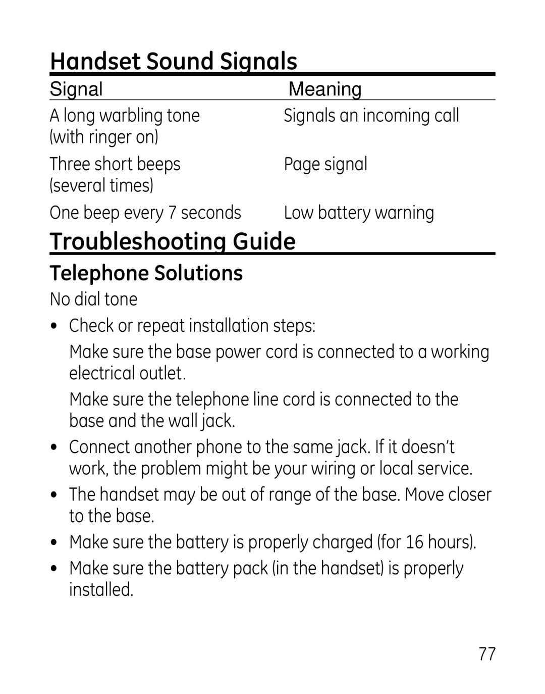 GE 00019188, 27918, 7907 manual Handset Sound Signals, Troubleshooting Guide, Telephone Solutions, Low battery warning 