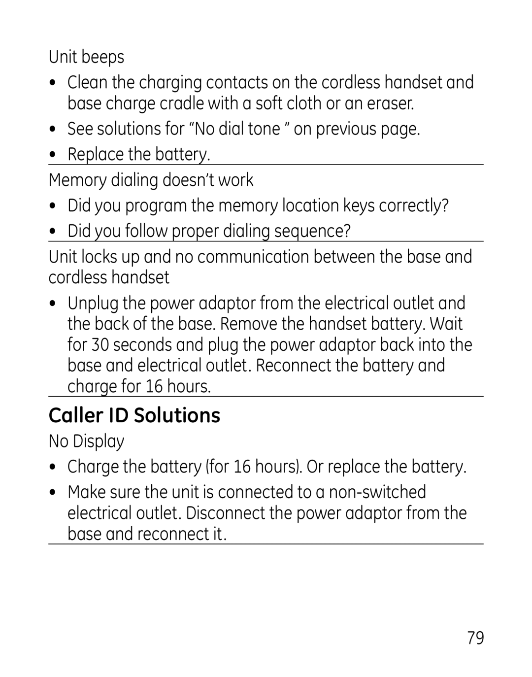 GE 7907, 27918, 00019188 manual Caller ID Solutions, Unit beeps, No Display 