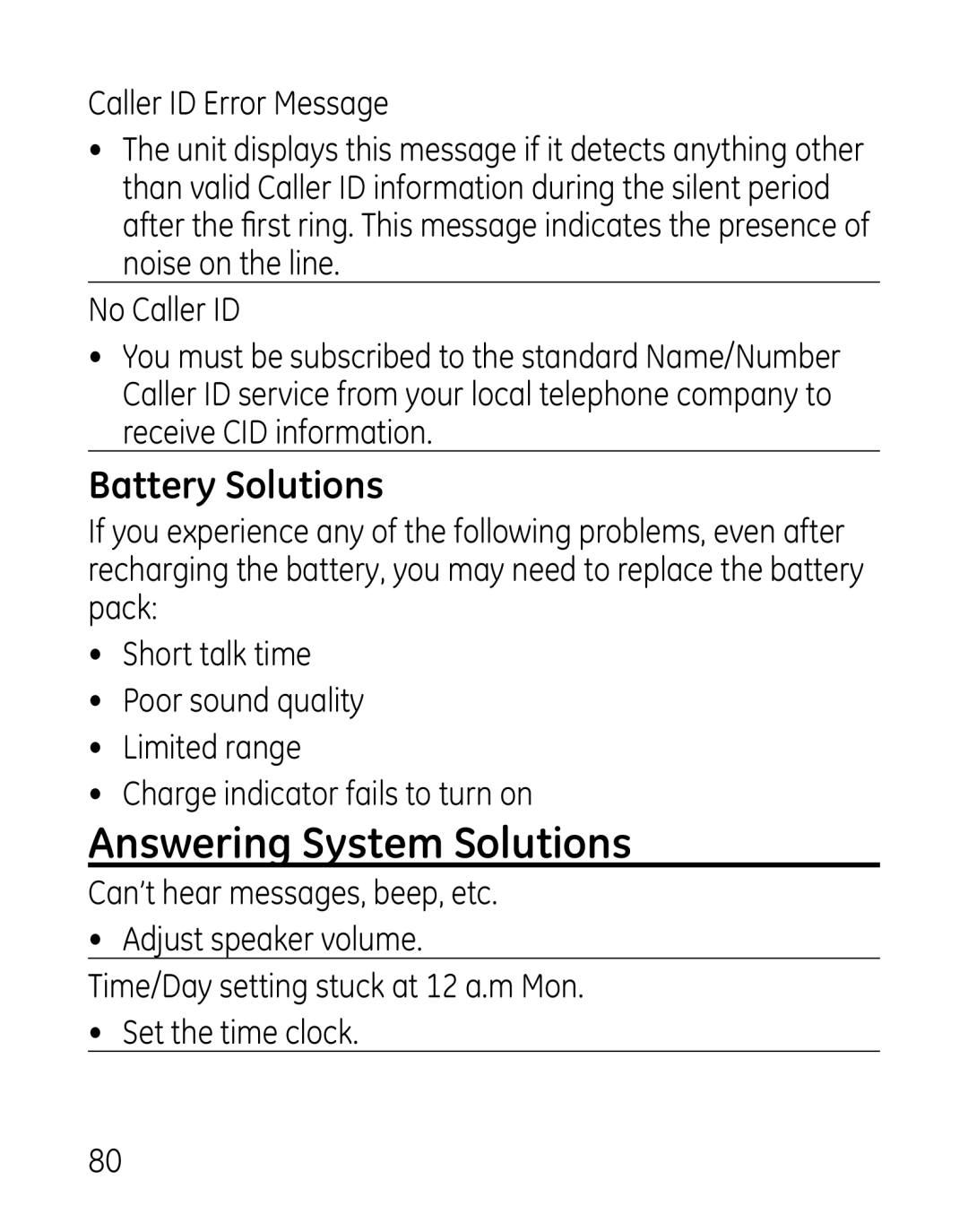 GE 00019188, 27918, 7907 manual Answering System Solutions, Battery Solutions, Caller ID Error Message 