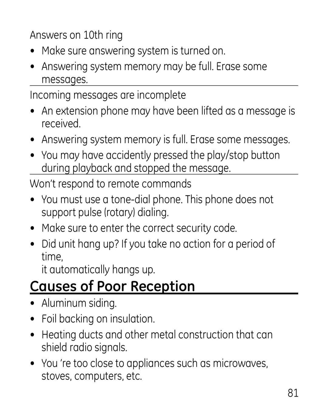 GE 27918, 7907, 00019188 manual Causes of Poor Reception, Answering system memory is full. Erase some messages 