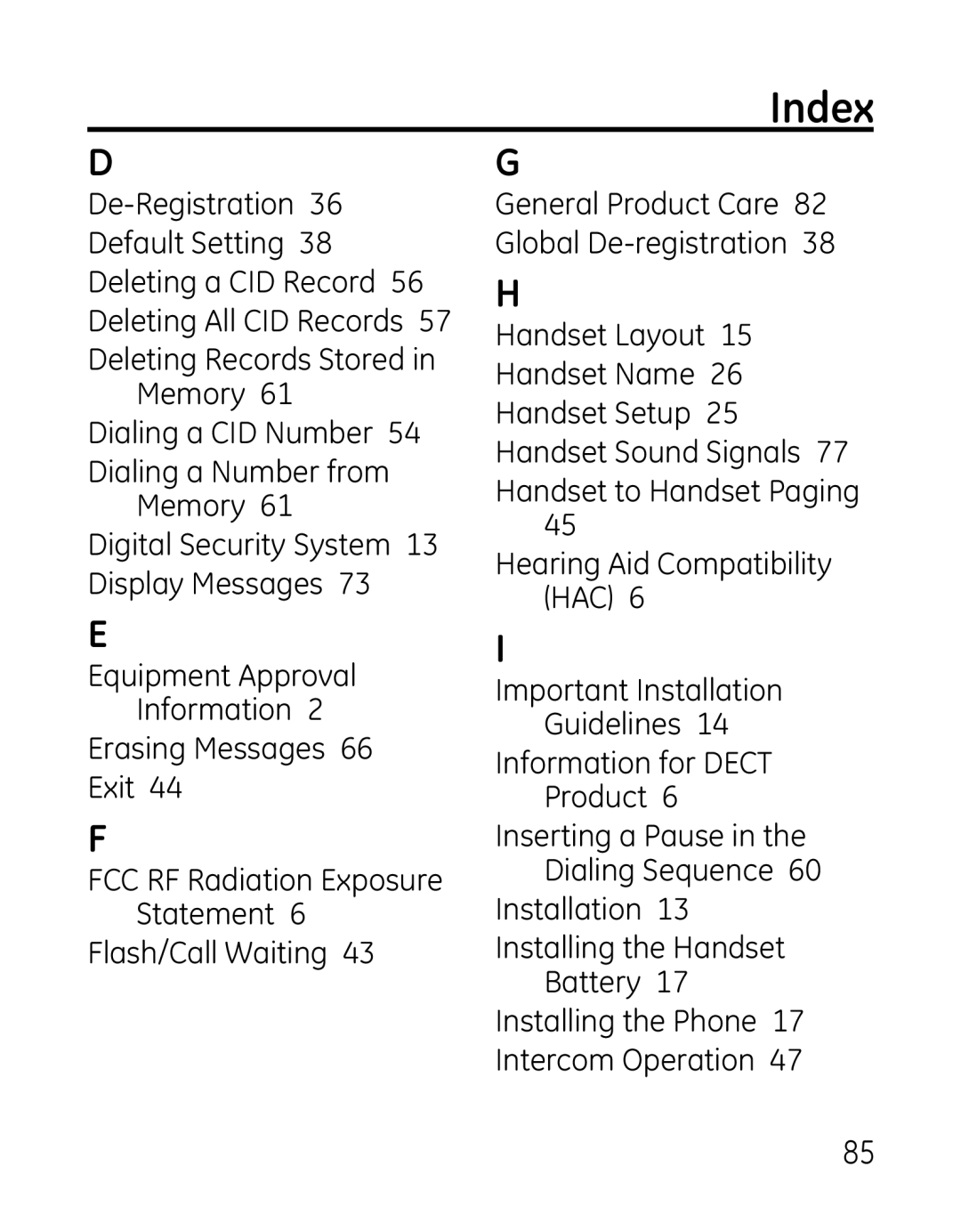 GE 7907, 27918, 00019188 manual Index 