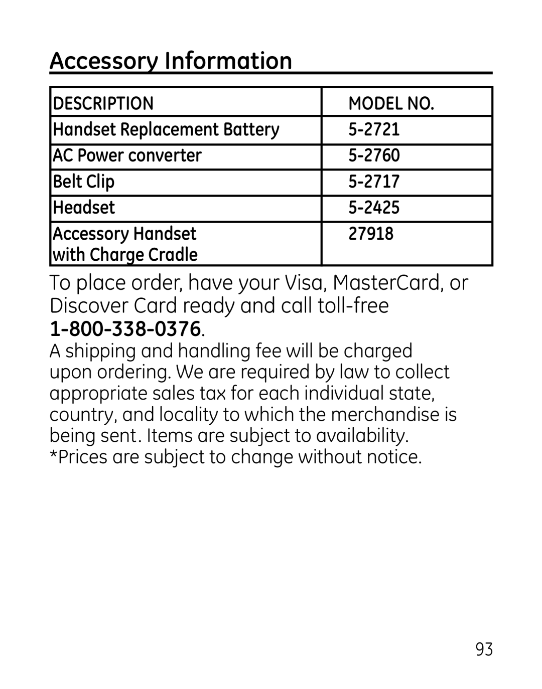 GE 27918, 7907, 00019188 manual Accessory Information, Description Model no 