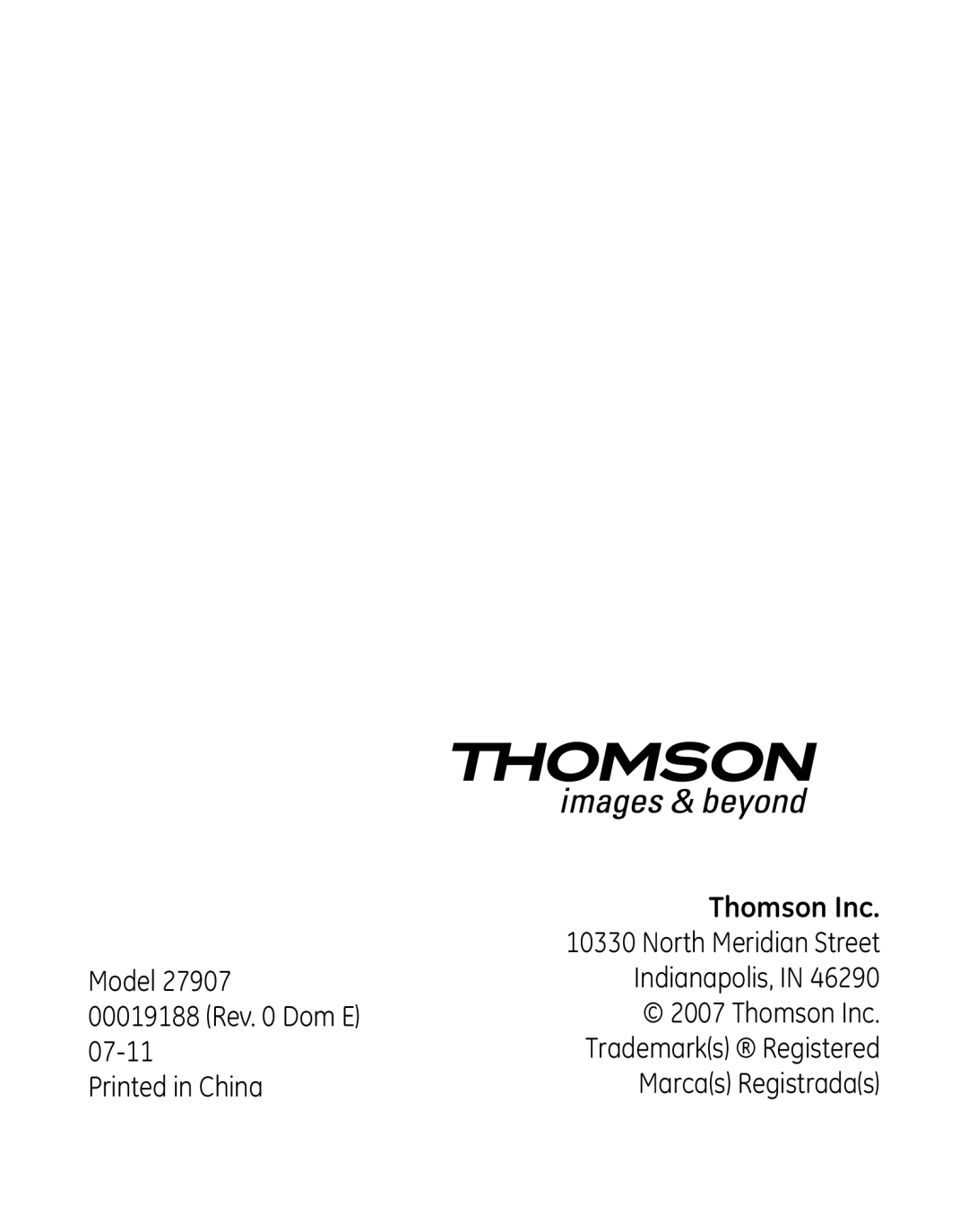 GE 7907, 27918, 00019188 manual Thomson Inc 