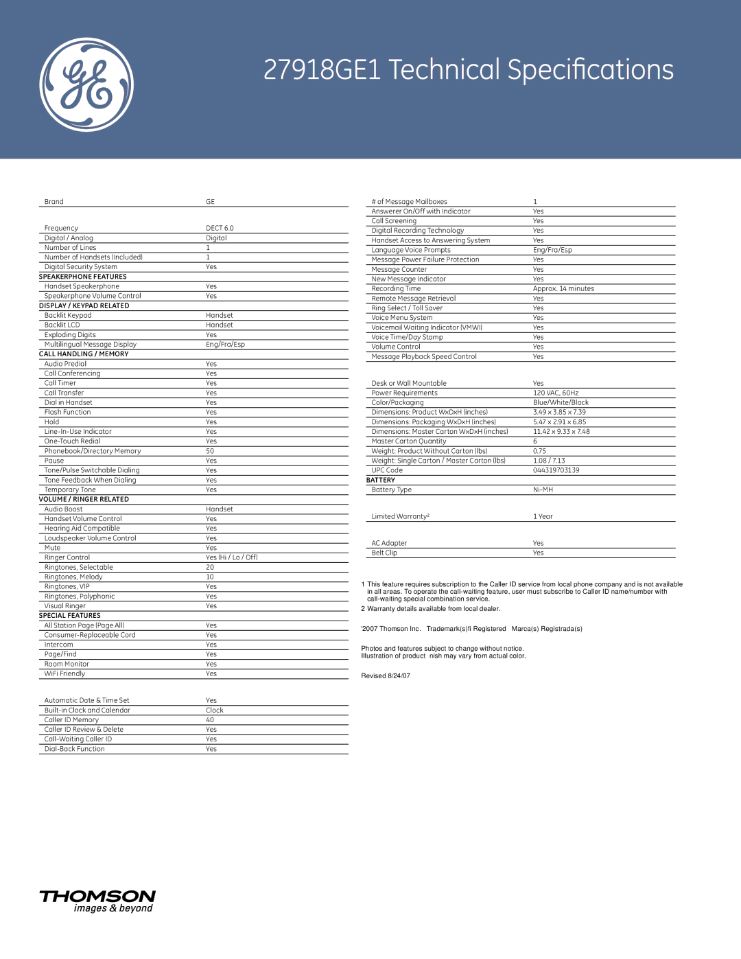 GE 27918GE1 Brand, Answerer / Messaging Features, Design / Specifications, Warranty, Accessories, Caller ID¹ Features 