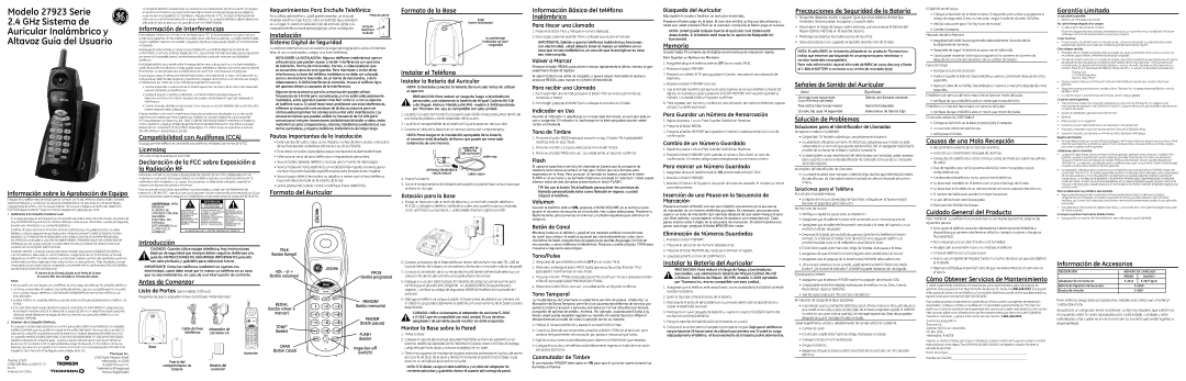 GE 27923 Información de Interferencias, Compatibilidad con Audífonos CCA, Introducción, Instalación, Instalar el Teléfono 