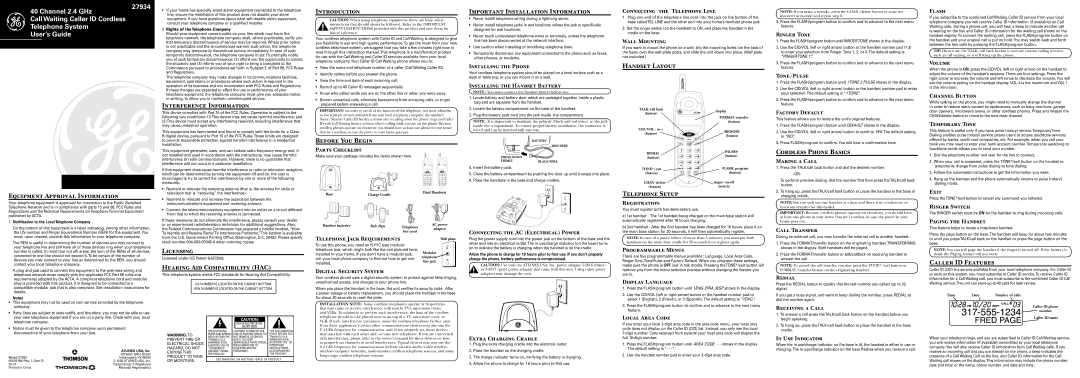 GE 00003168, 27934 important safety instructions Interference Information, Introduction, Before You Begin, Handset Layout 