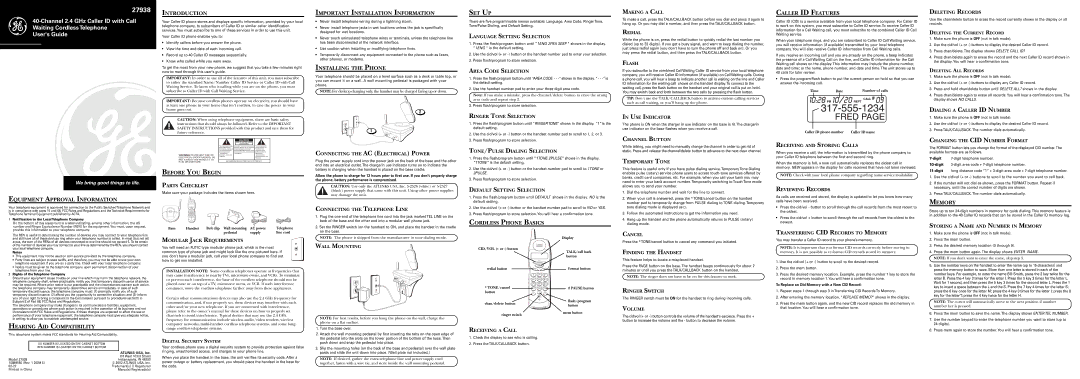 GE 27938 important safety instructions Equipment Approval Information, Introduction, Before YOU Begin, Set Up, Memory 