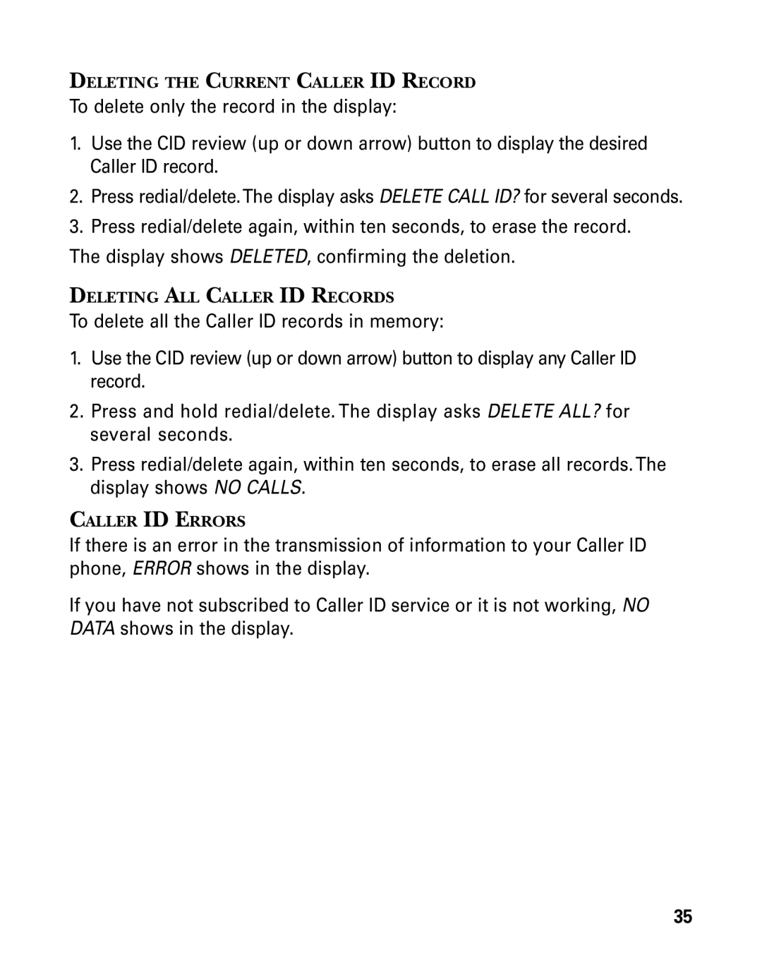 GE 27939 manual Deleting the Current Caller ID Record 