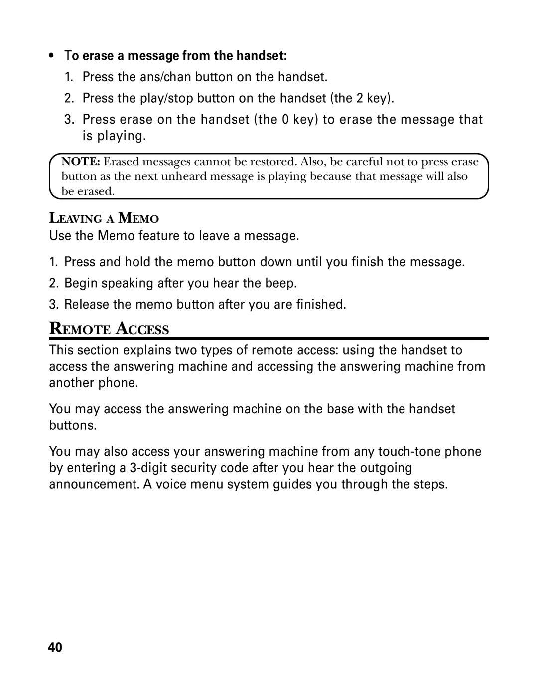 GE 27939 manual To erase a message from the handset, Remote Access 