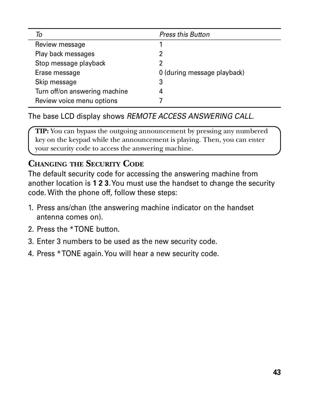 GE 27939 manual Base LCD display shows Remote Access Answering Call 