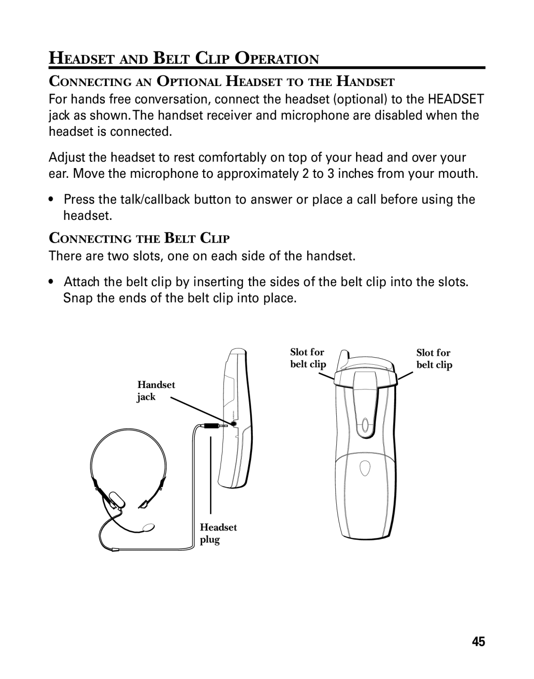 GE 27939 manual Headset and Belt Clip Operation 