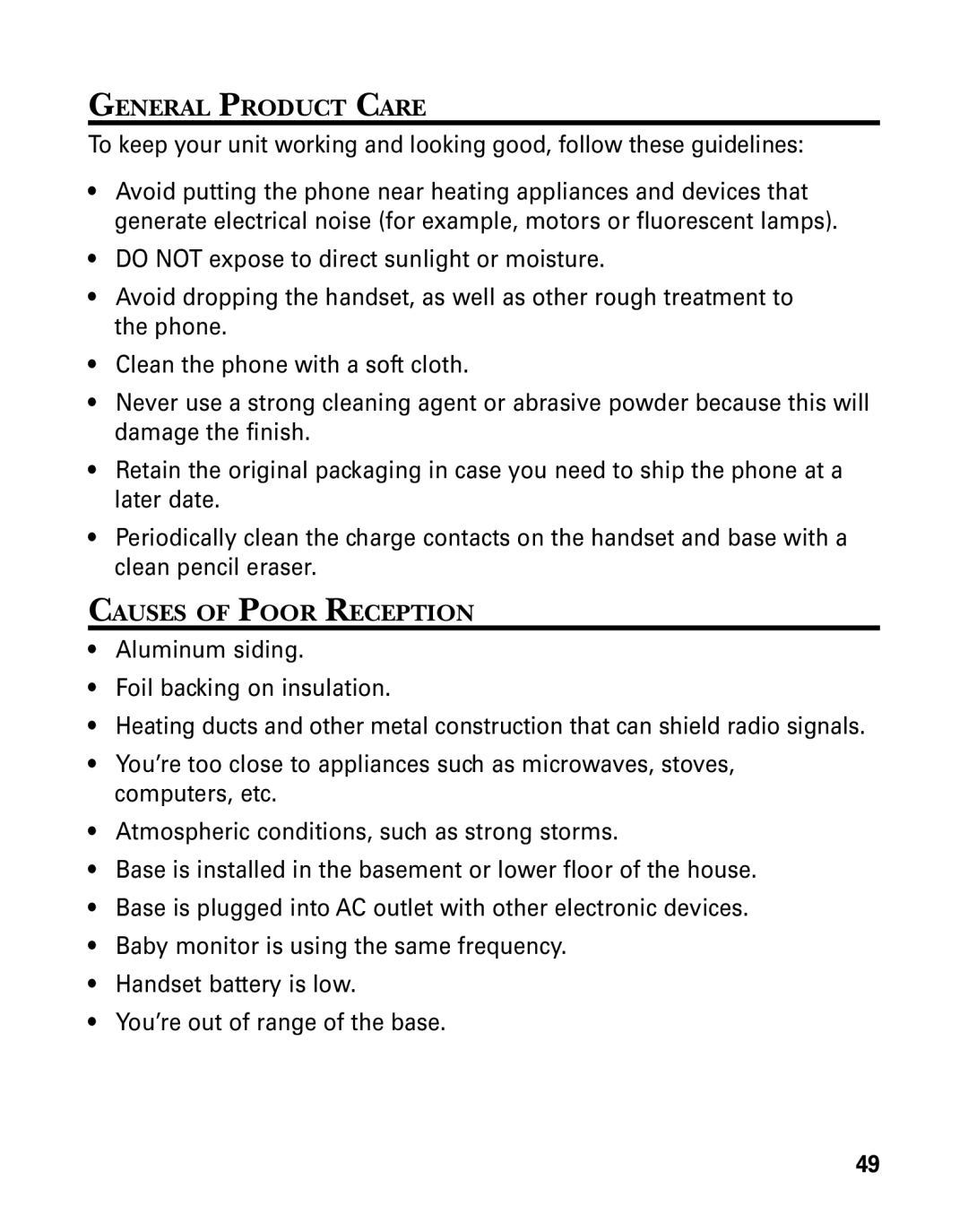 GE 27939 manual General Product Care, Causes of Poor Reception 