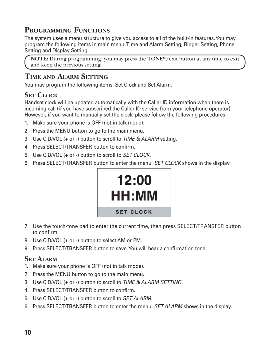 GE 27944 manual Programming Functions, Time and Alarm Setting 