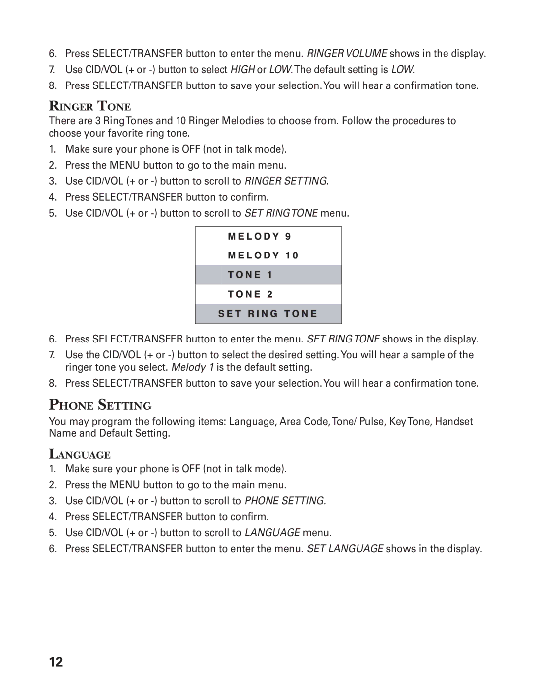 GE 27944 manual Phone Setting 