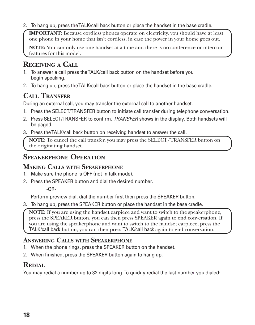 GE 27944 manual Receiving a Call, Call Transfer, Speakerphone Operation, Redial 