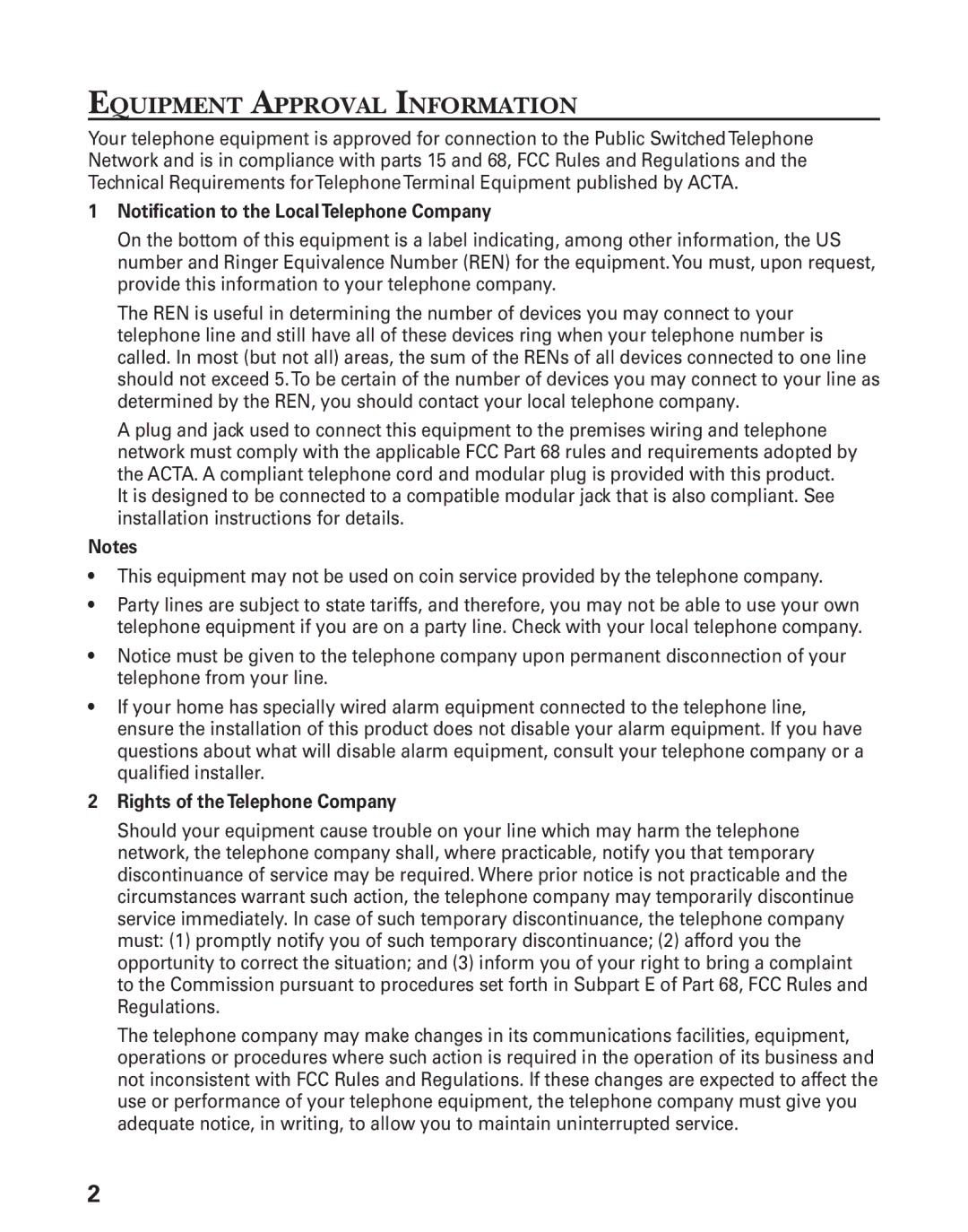 GE 27944 manual Equipment Approval Information, Notiﬁcation to the Local Telephone Company 