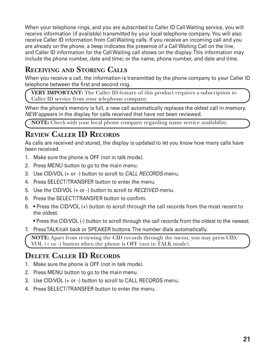 GE 27944 manual Receiving and Storing Calls, Review Caller ID Records, Delete Caller ID Records 