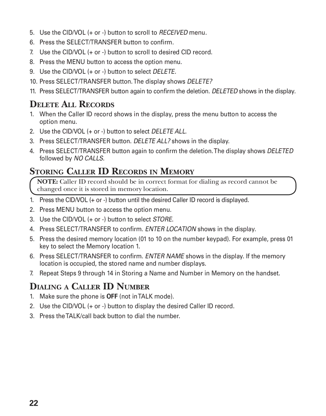 GE 27944 manual Delete ALL Records, Storing Caller ID Records in Memory, Dialing a Caller ID Number 