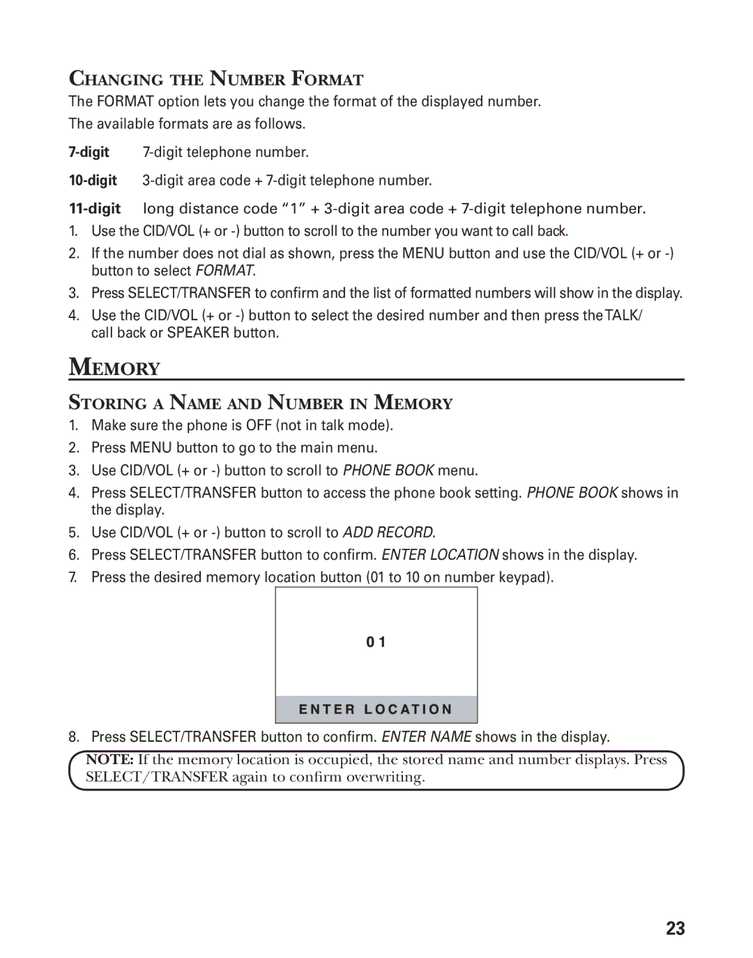 GE 27944 manual Changing the Number Format, Storing a Name and Number in Memory 