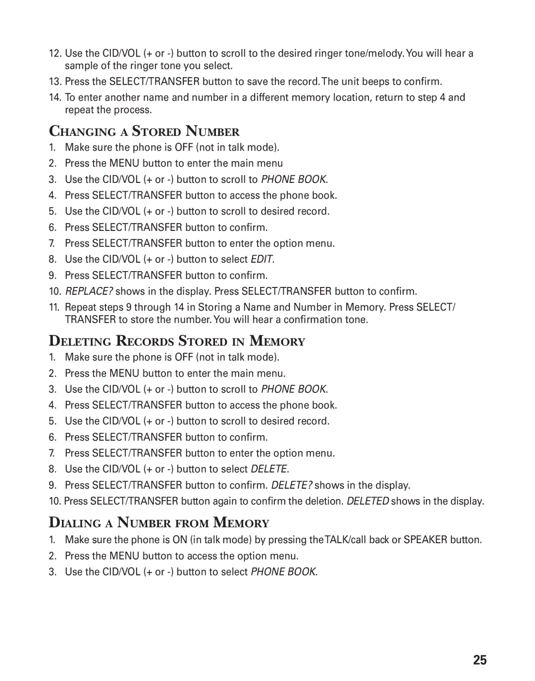 GE 27944 manual Changing a Stored Number, Deleting Records Stored in Memory, Dialing a Number from Memory 