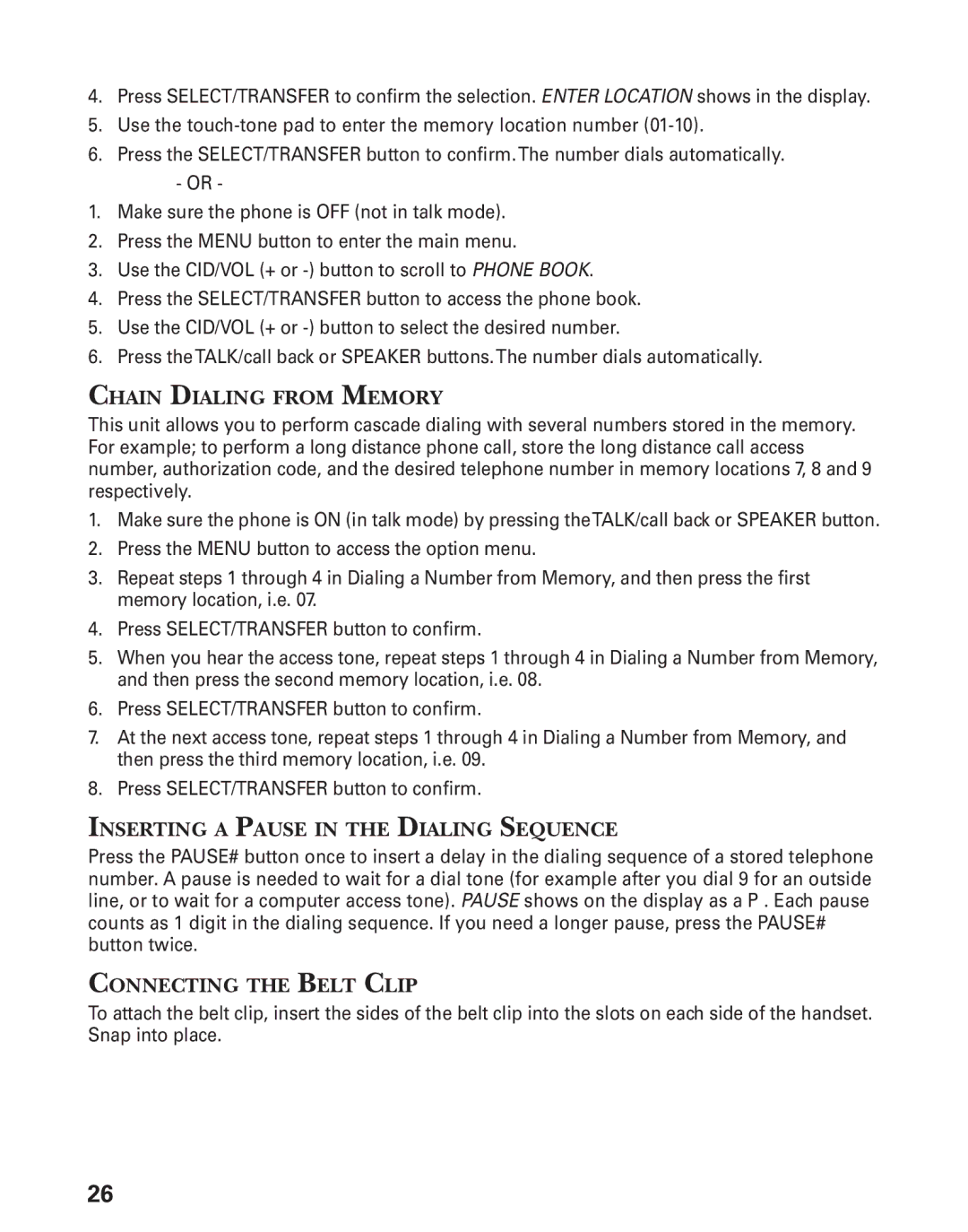 GE 27944 manual Chain Dialing from Memory, Inserting a Pause in the Dialing Sequence, Connecting the Belt Clip 