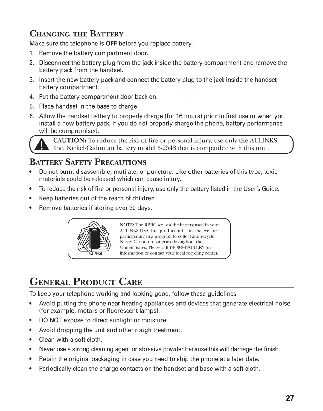 GE 27944 manual General Product Care, Changing the Battery, Battery Safety Precautions 