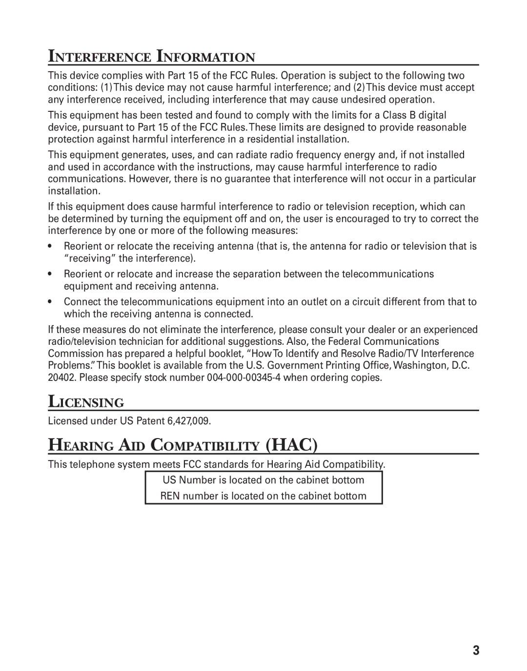 GE 27944 manual Interference Information, Licensing, Hearing AID Compatibility HAC 