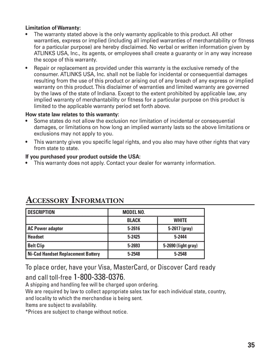 GE 27944 manual Accessory Information, Limitation of Warranty 