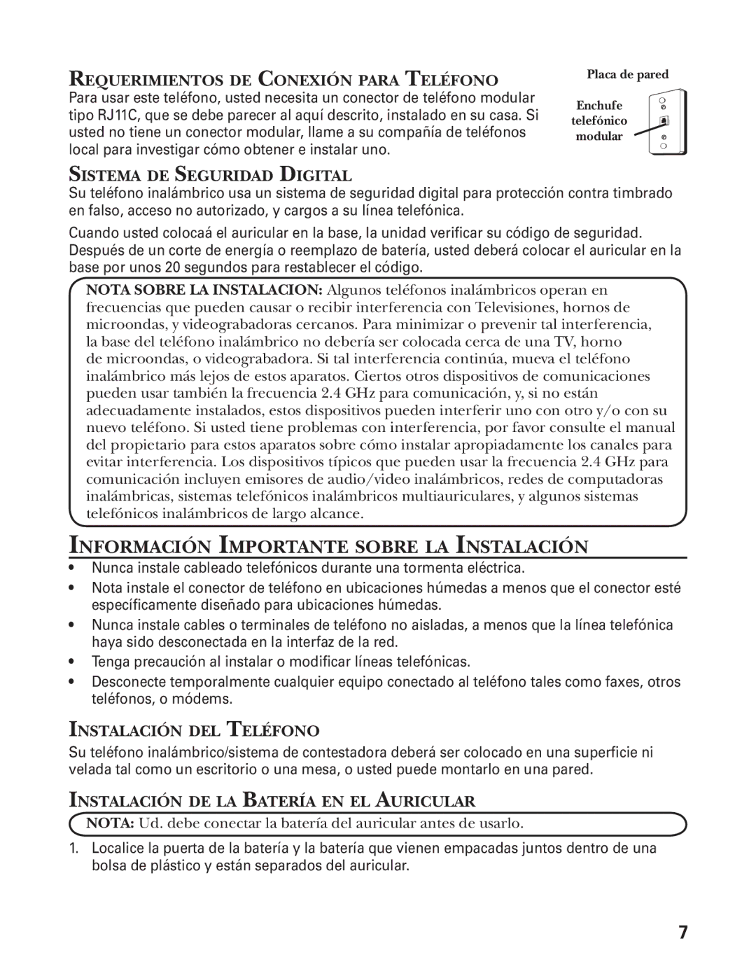 GE 27944 Información Importante Sobre LA Instalación, Requerimientos DE Conexión Para Teléfono, Instalación DEL Teléfono 