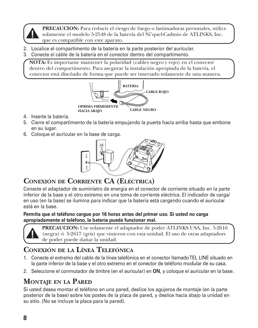 GE 27944 manual Conexión DE Corriente CA Eléctrica, Conexión DE LA Línea Telefónica, Montaje EN LA Pared 