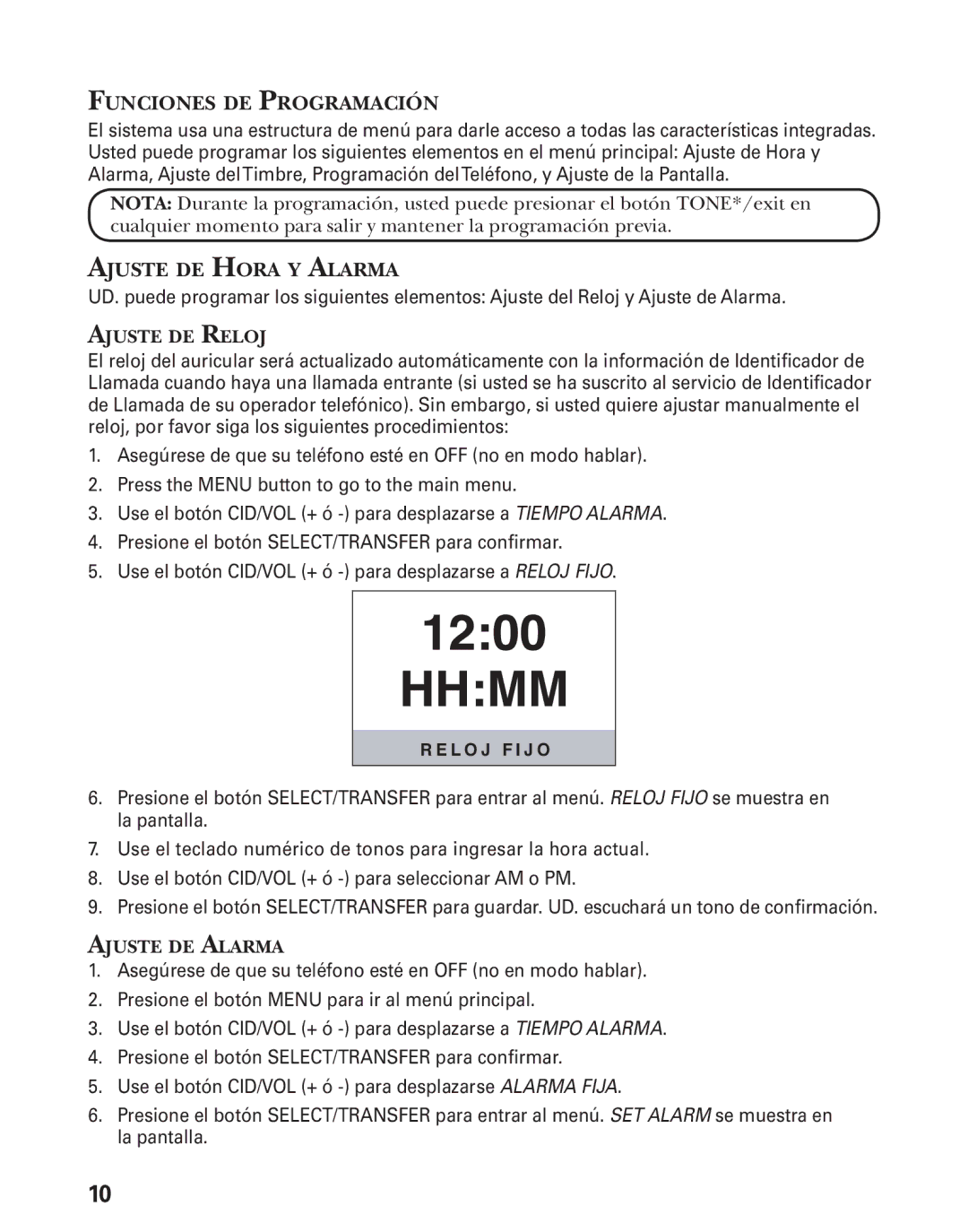 GE 27944 manual Funciones DE Programación, Ajuste DE Hora Y Alarma 