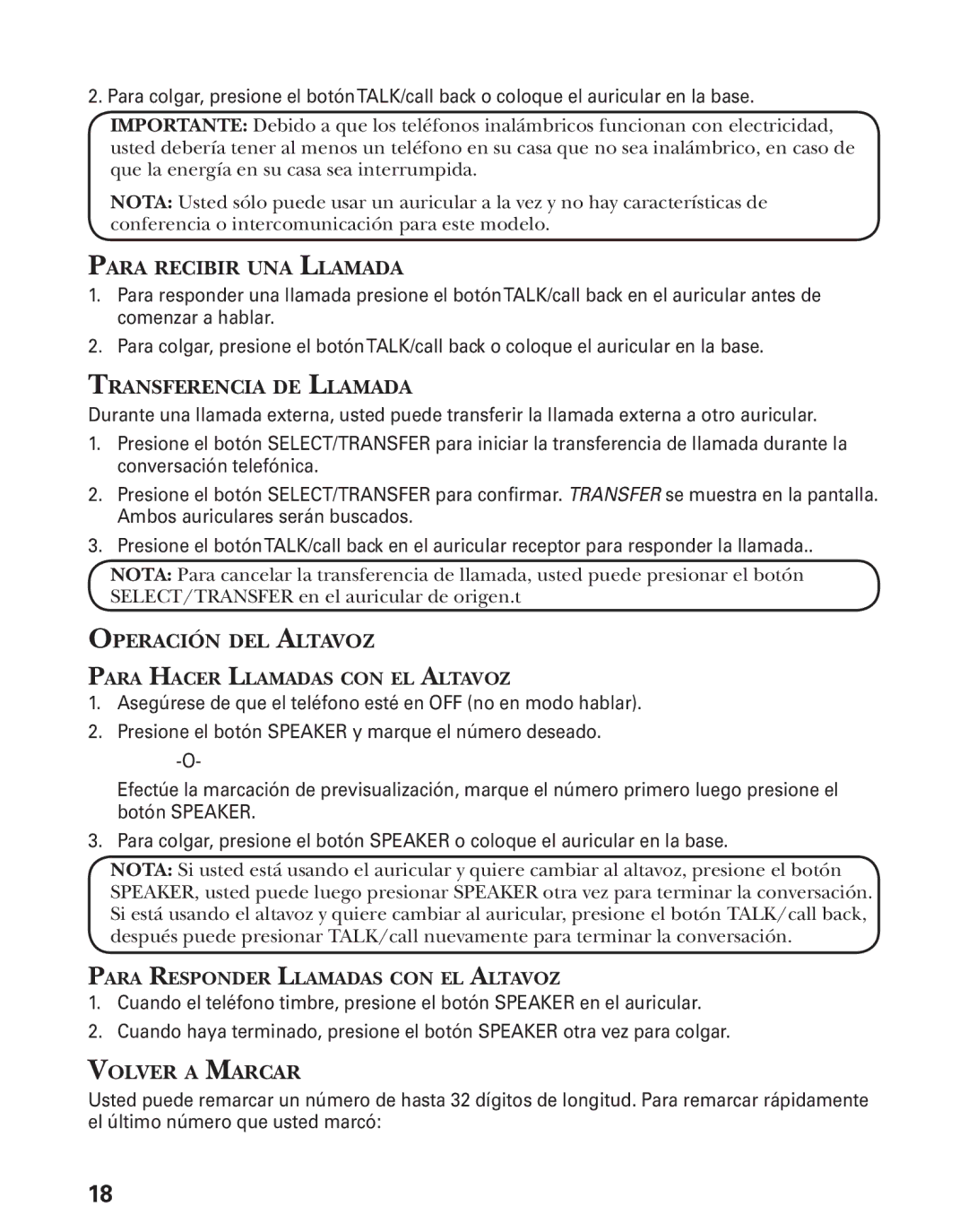 GE 27944 manual Para Recibir UNA Llamada, Transferencia DE Llamada, Operación DEL Altavoz, Volver a Marcar 