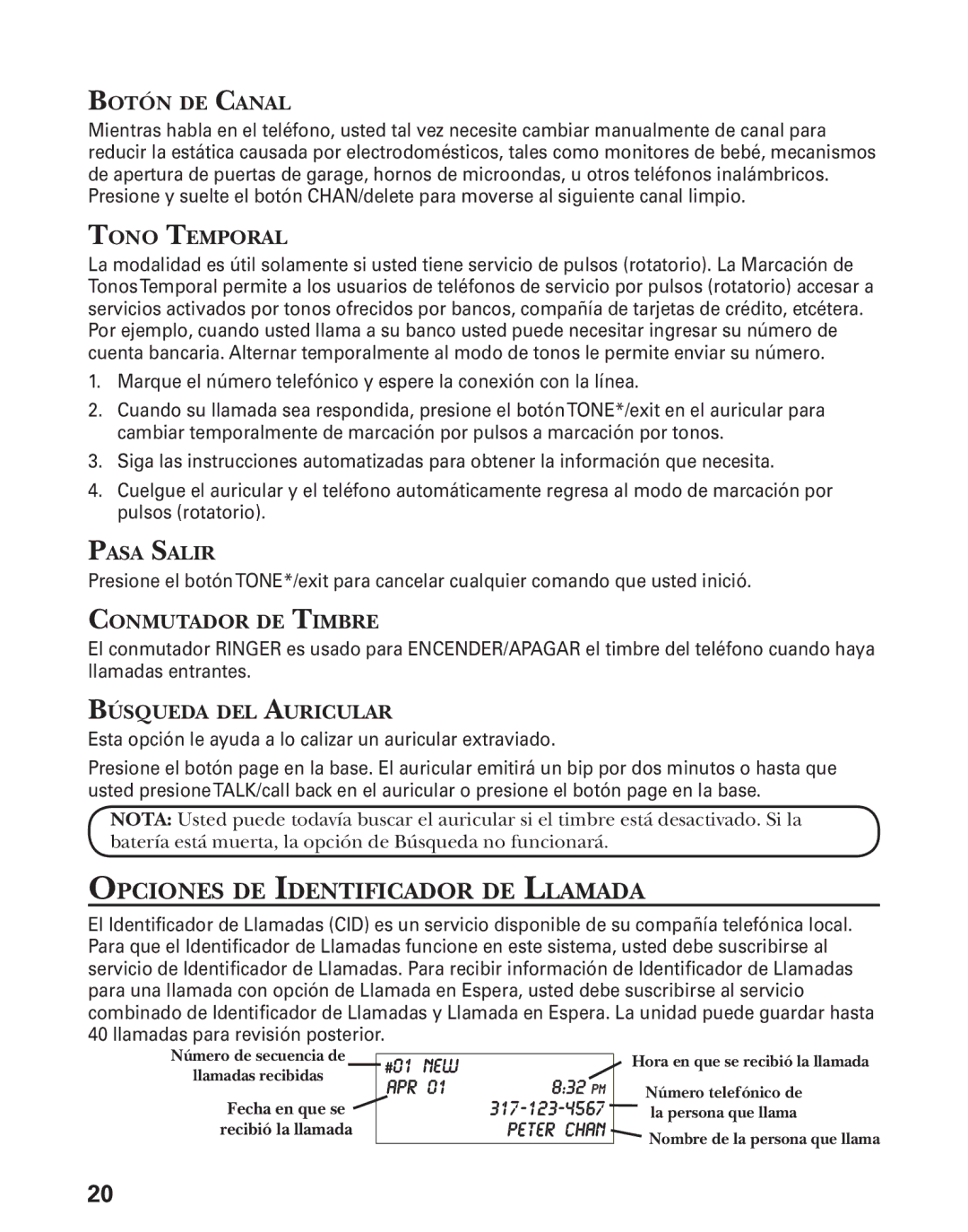 GE 27944 manual Opciones DE Identificador DE Llamada 