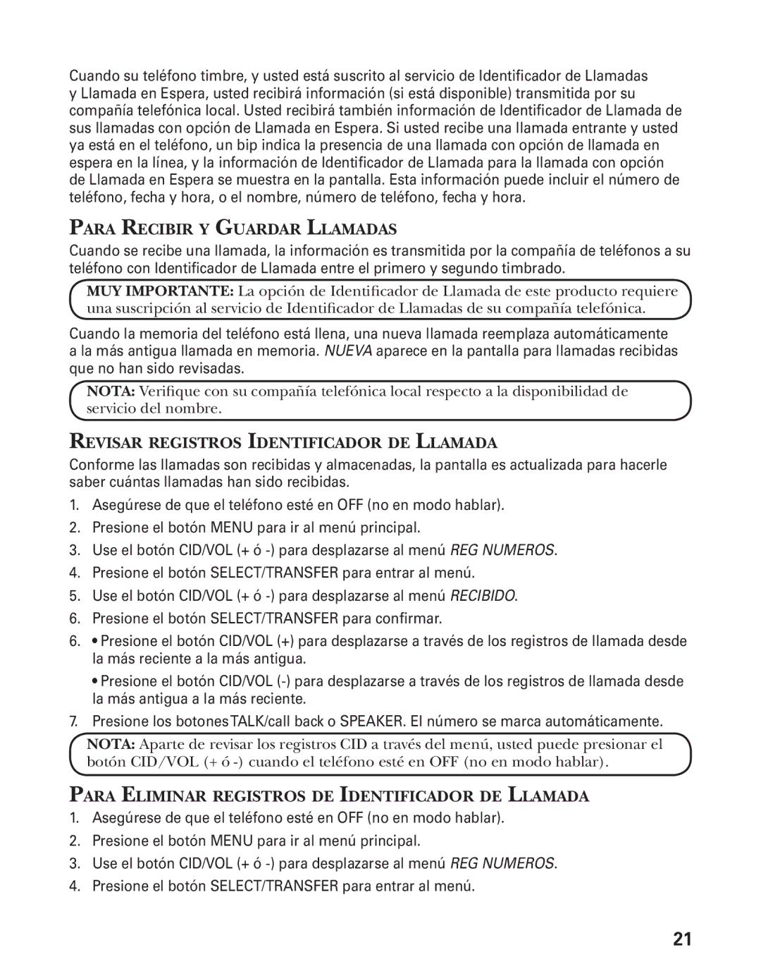 GE 27944 manual Para Recibir Y Guardar Llamadas, Revisar Registros Identificador DE Llamada 