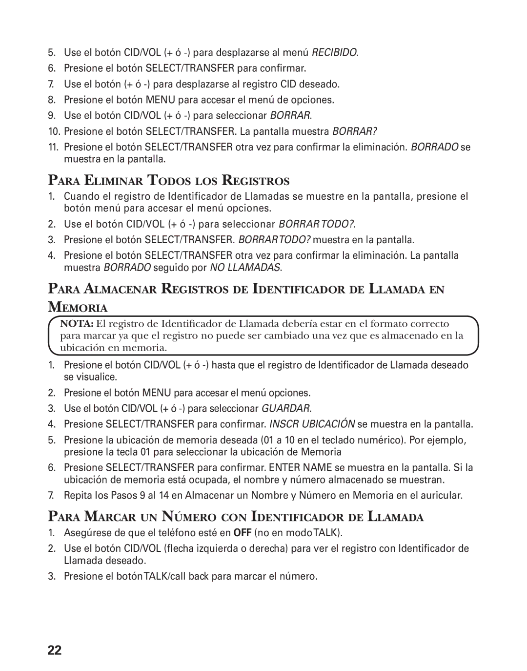 GE 27944 manual Para Eliminar Todos LOS Registros, Para Marcar UN Número CON Identificador DE Llamada 