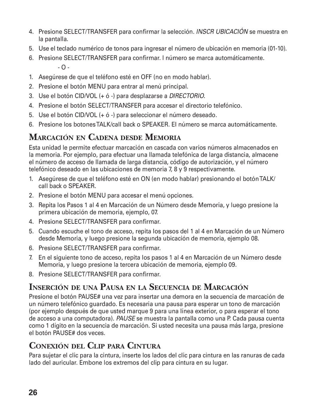 GE 27944 manual Marcación EN Cadena Desde Memoria, Inserción DE UNA Pausa EN LA Secuencia DE Marcación 