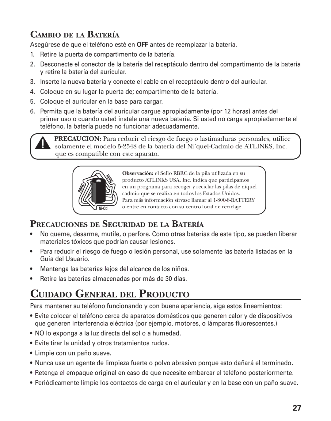 GE 27944 manual Cuidado General DEL Producto, Cambio DE LA Batería, Precauciones DE Seguridad DE LA Batería 