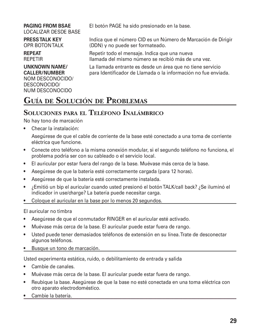 GE 27944 manual Guía DE Solución DE Problemas, Paging from Bsae, Soluciones Para EL Teléfono Inalámbrico 