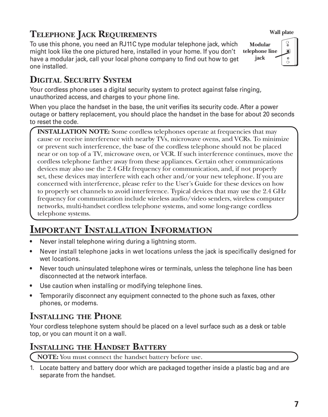 GE 27944 Important Installation Information, Telephone Jack Requirements, Digital Security System, Installing the Phone 