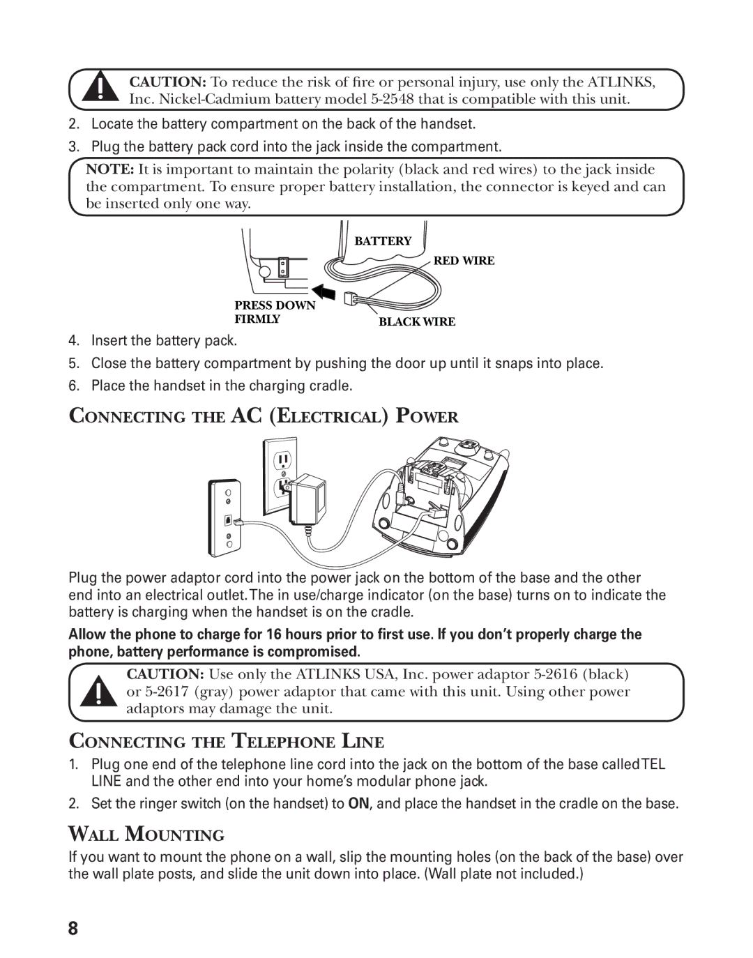 GE 27944 manual Connecting the AC Electrical Power, Connecting the Telephone Line, Wall Mounting 