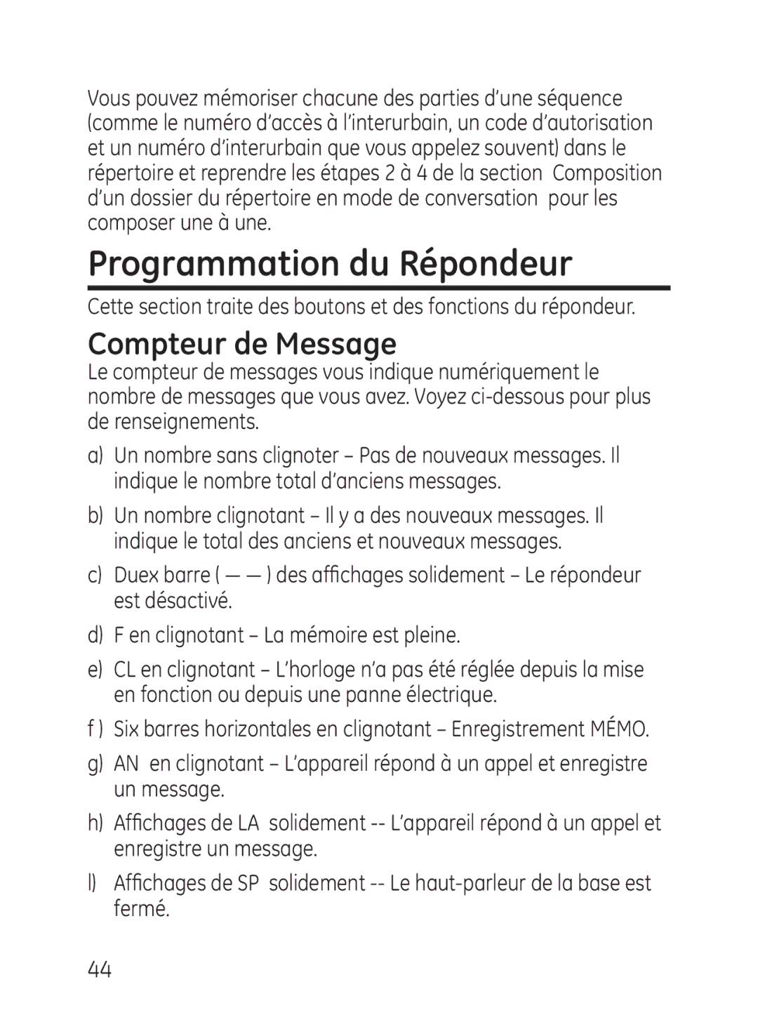 GE 27951, 27950 manual Programmation du Répondeur, Compteur de Message 