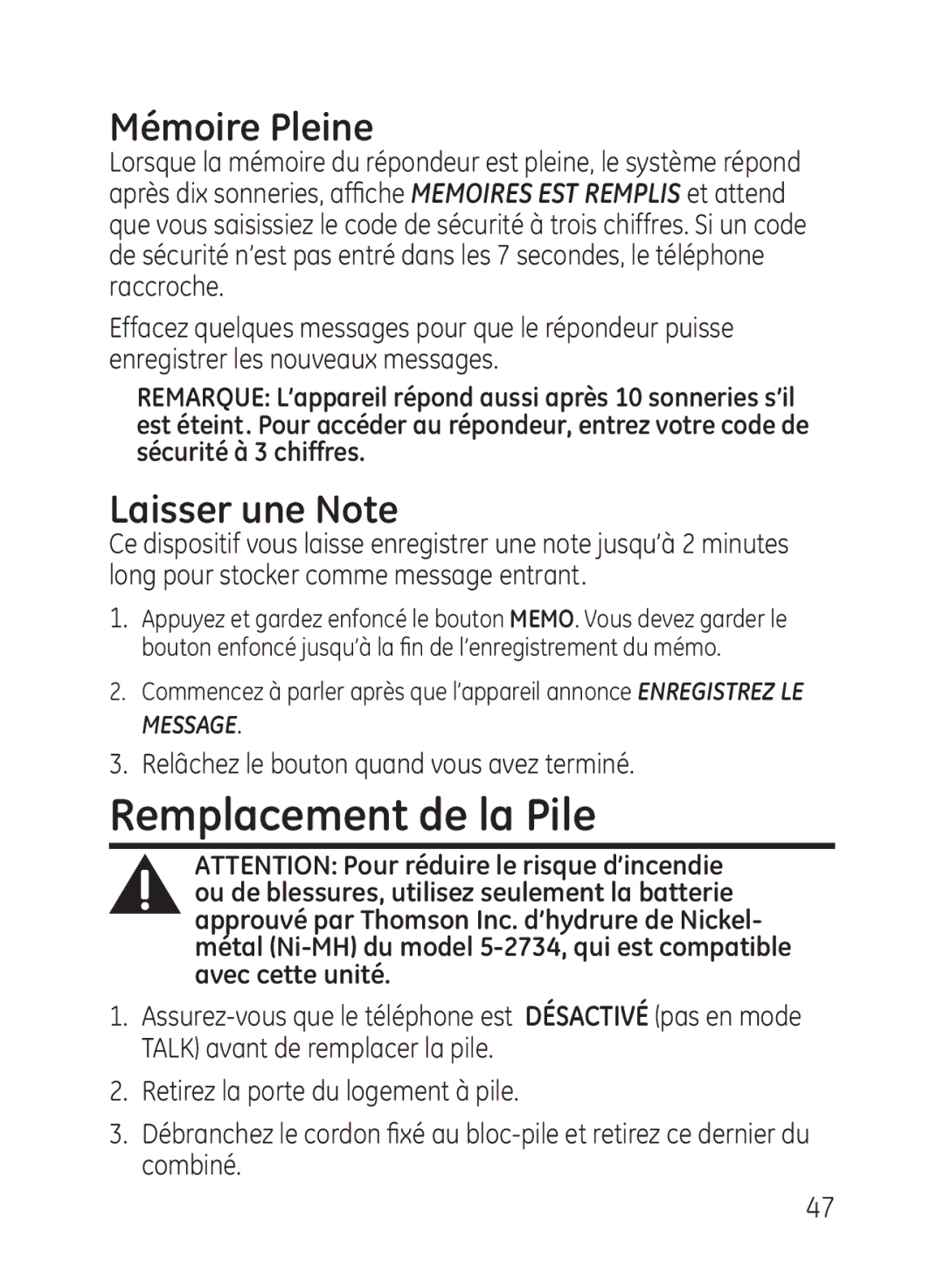 GE 27950, 27951 manual Remplacement de la Pile, Mémoire Pleine, Laisser une Note, Relâchez le bouton quand vous avez terminé 