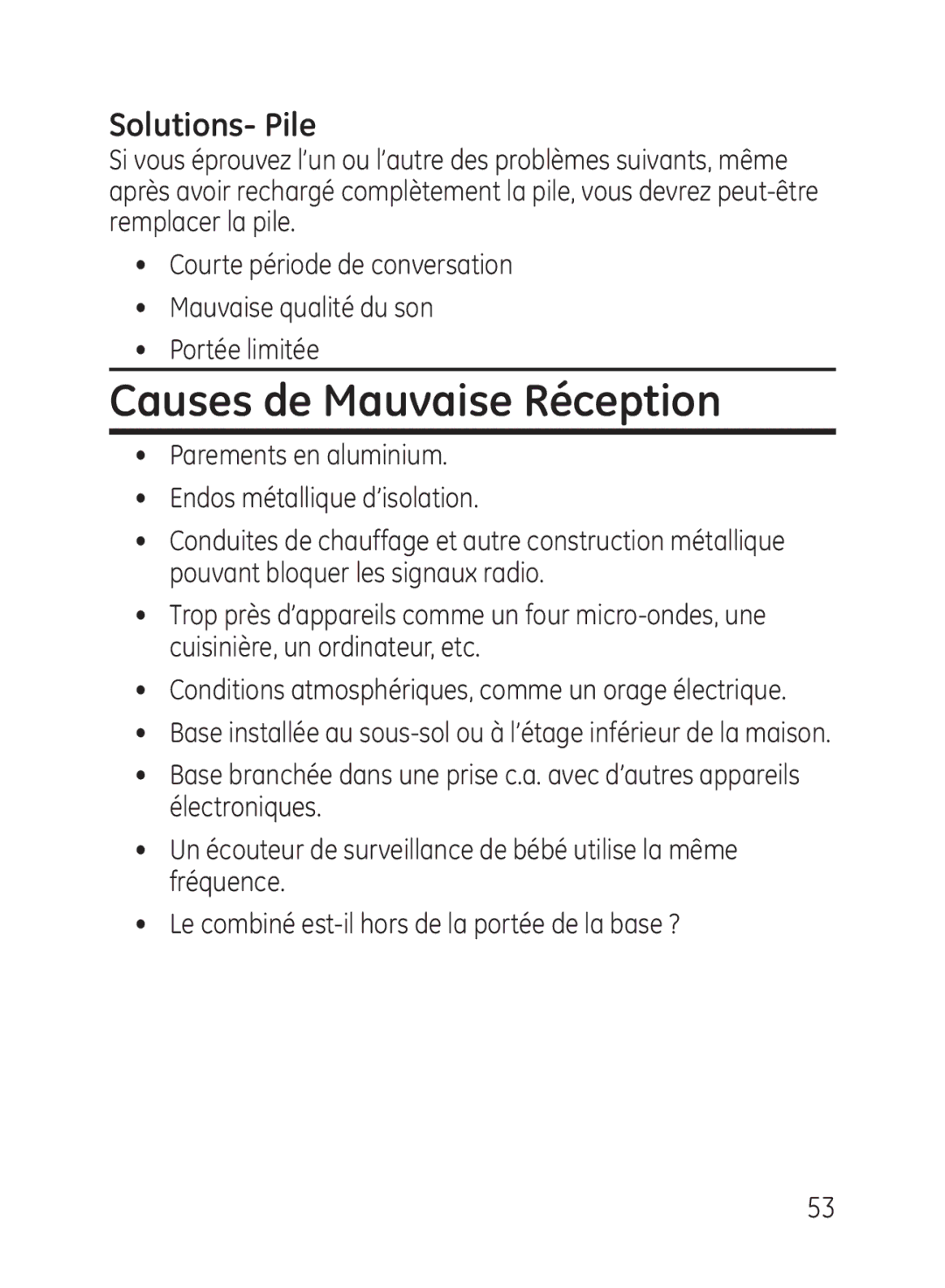 GE 27950, 27951 manual Causes de Mauvaise Réception, Solutions- Pile, Conditions atmosphériques, comme un orage électrique 