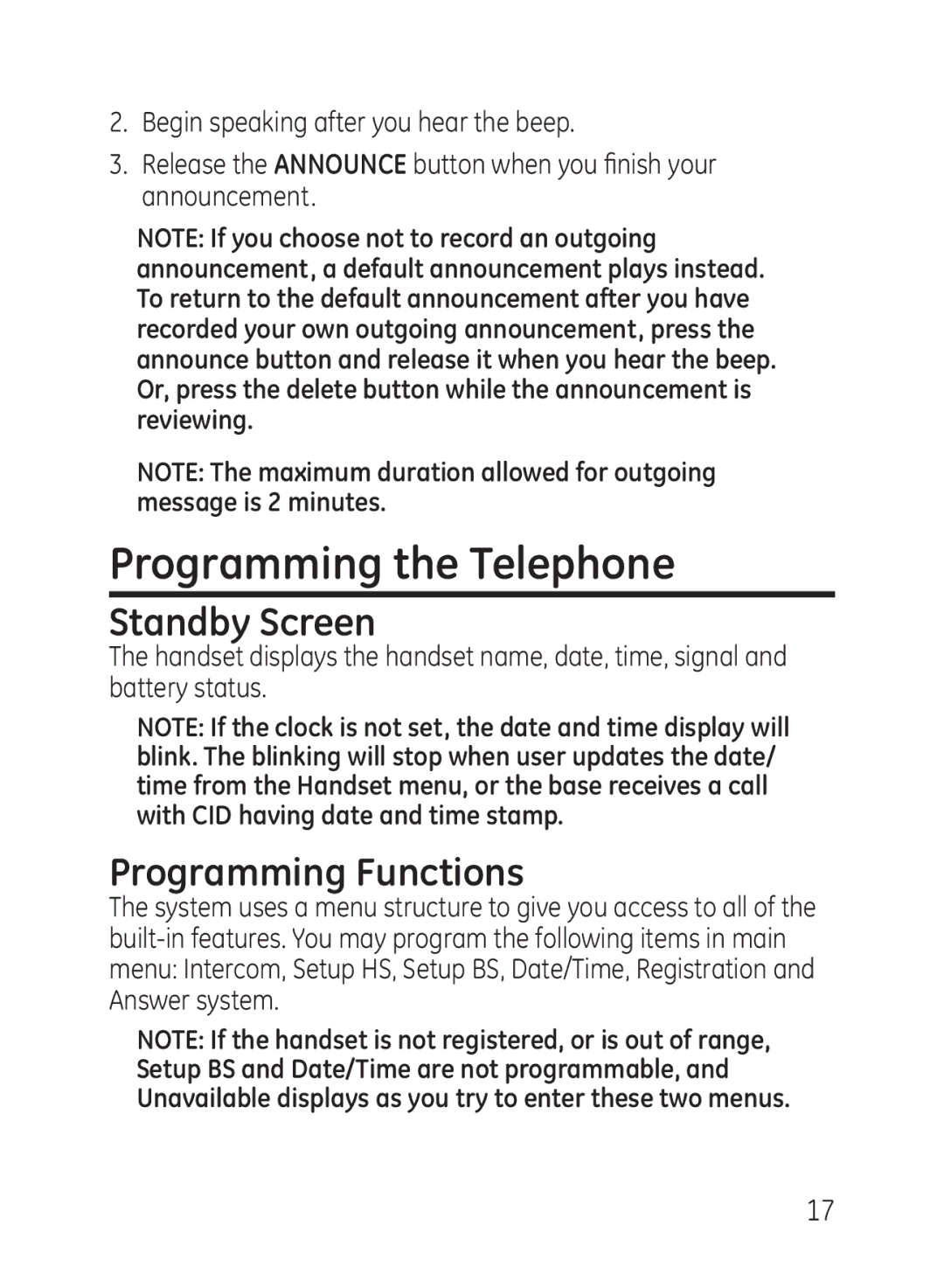 GE 27950, 27951 manual Programming the Telephone, Standby Screen, Programming Functions 