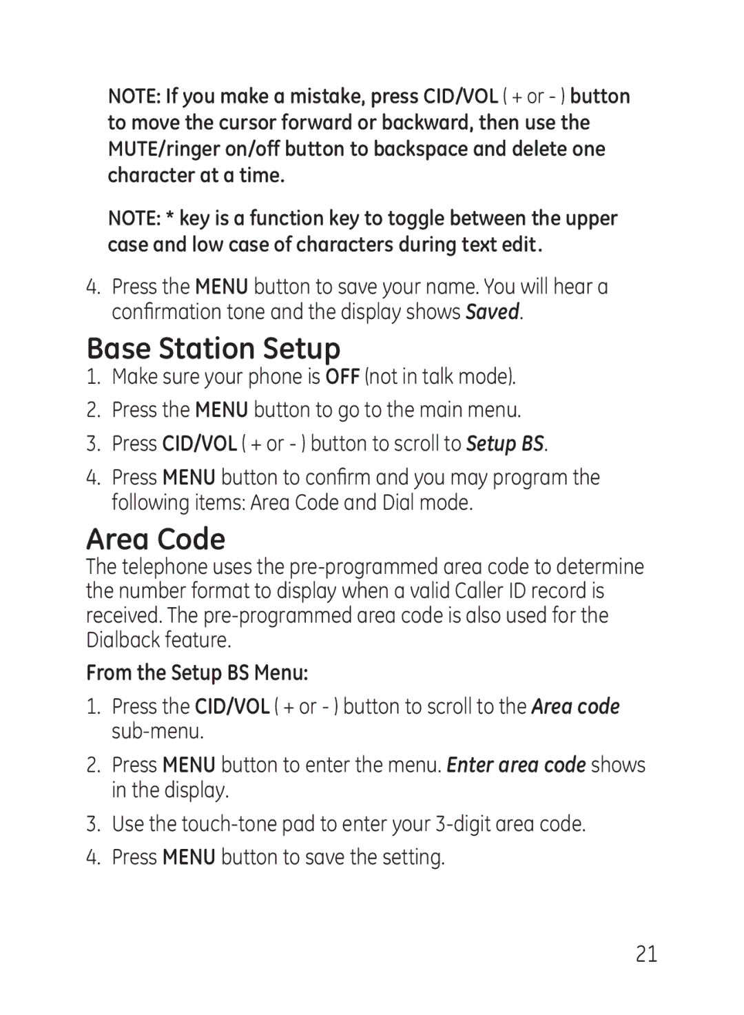 GE 27950, 27951 manual Base Station Setup, Area Code, From the Setup BS Menu 