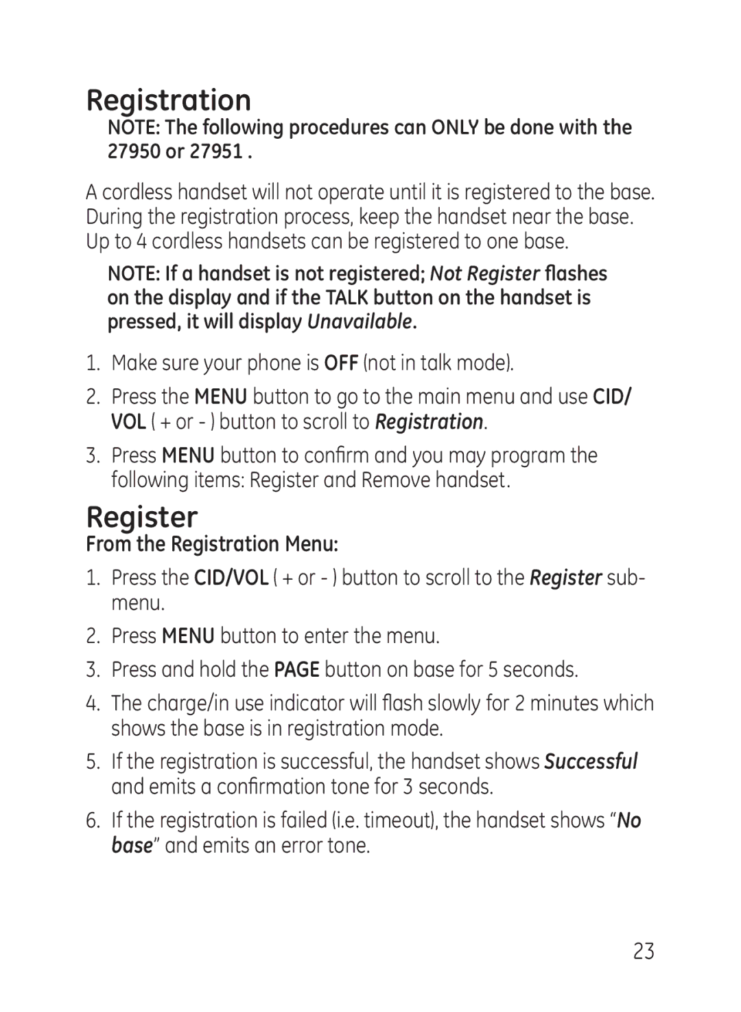 GE 27950, 27951 manual Register, From the Registration Menu 