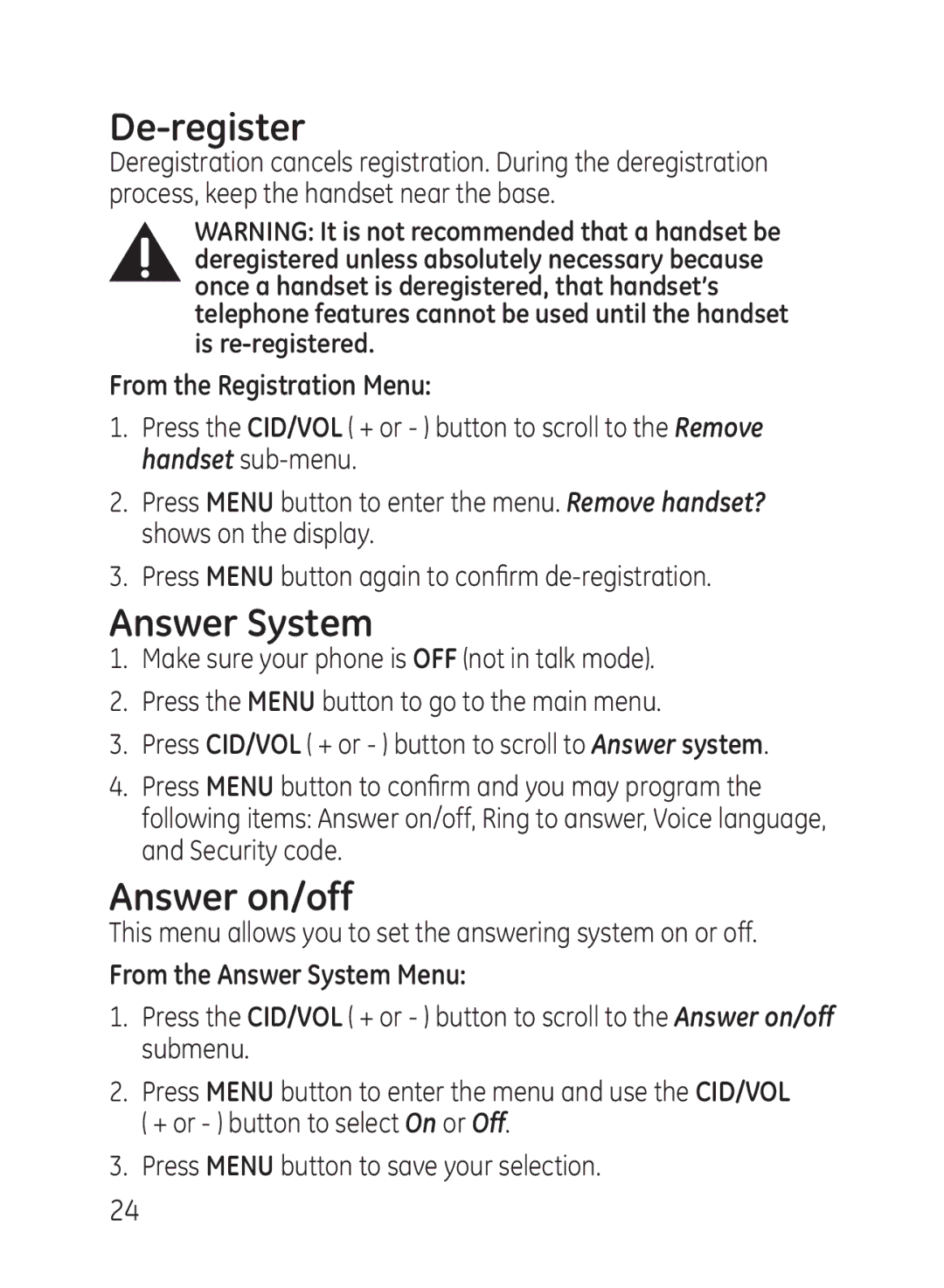 GE 27951, 27950 manual De-register, Answer System, Answer on/off, This menu allows you to set the answering system on or off 